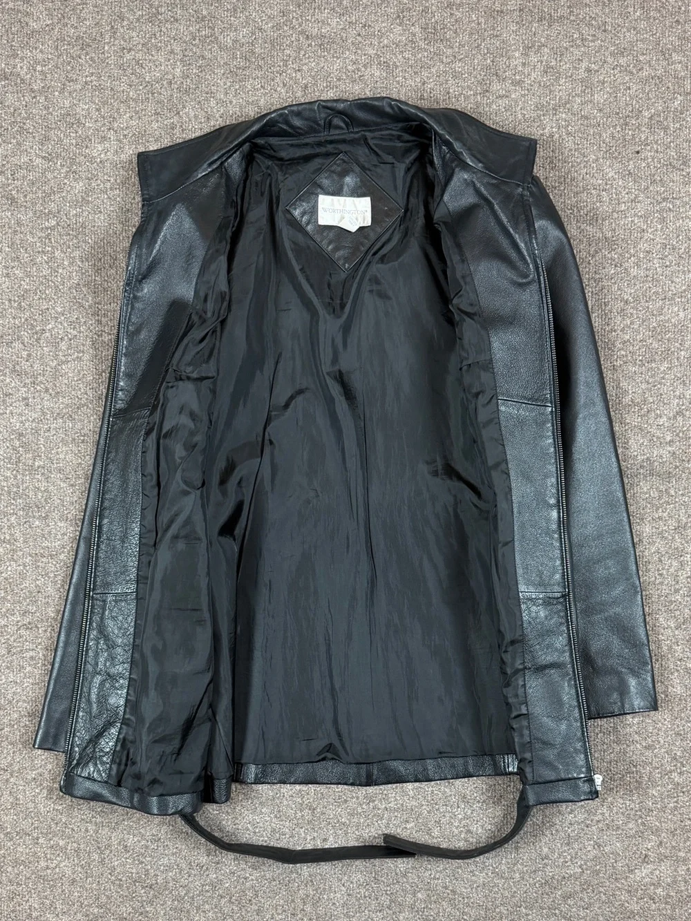Vintage Black Genuine Leather Full Zip Belted Funnel Neck Jacket Women’s‎ Large